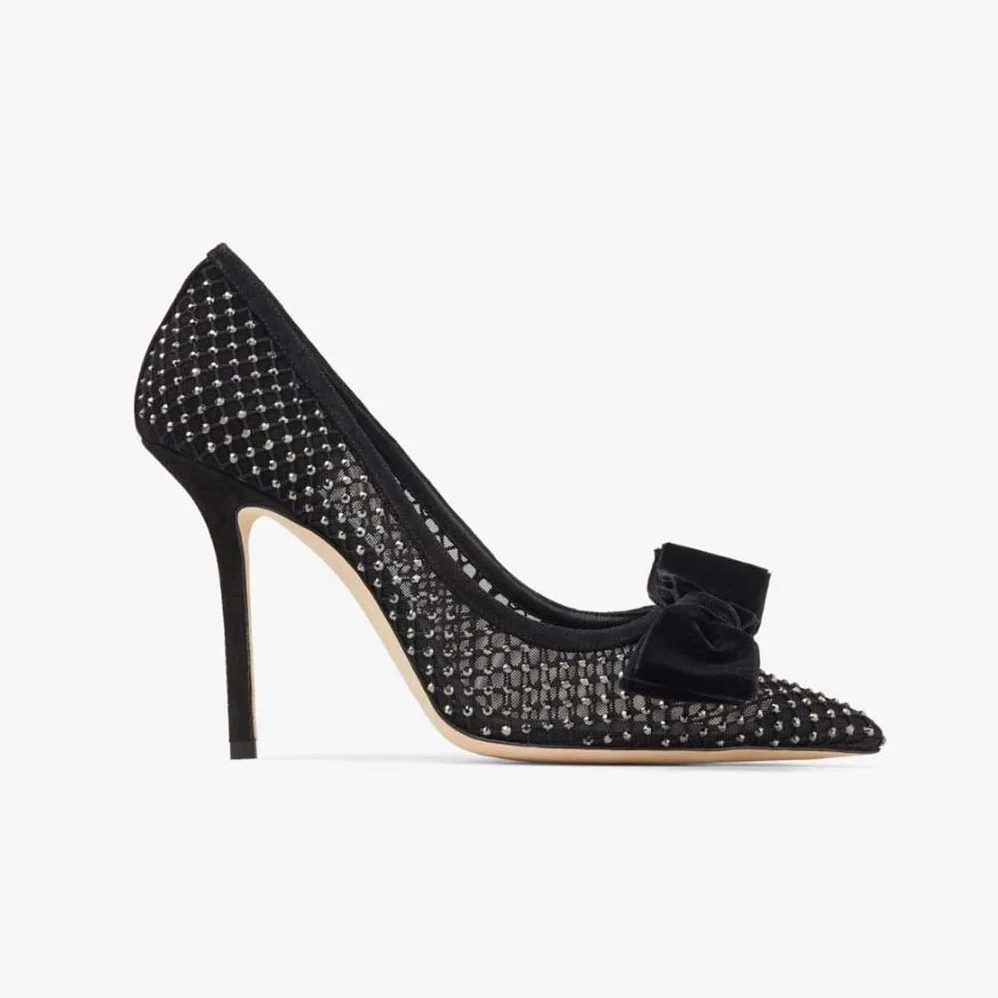 Jimmy Choo Love 100 Black Crystal Mesh Pumps with Bow for Women Jimmy Choo Love 100 Black Crystal Mesh Pumps with Bow for Women