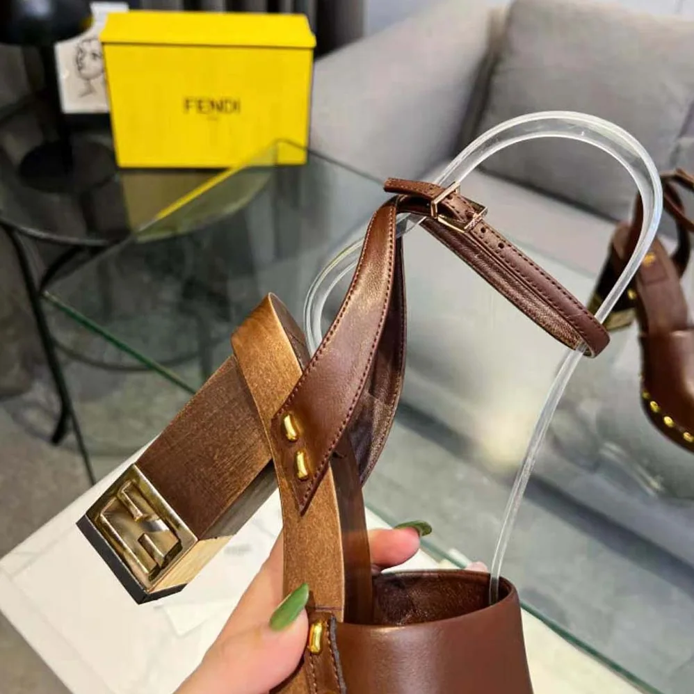 Fendi Baguette Show Brown Leather High for Women in Heeled Clogs Fendi Baguette Show Brown Leather High for Women in Heeled Clogs