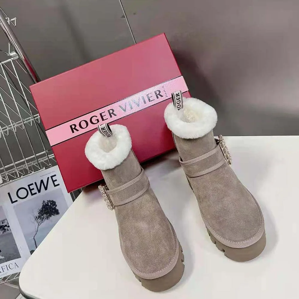Roger Vivier Viv' Winter Fur Strass Buckle Ankle Boots in Suede for Women in Beige Roger Vivier Viv' Winter Fur Strass Buckle Ankle Boots in Suede for Women in Beige