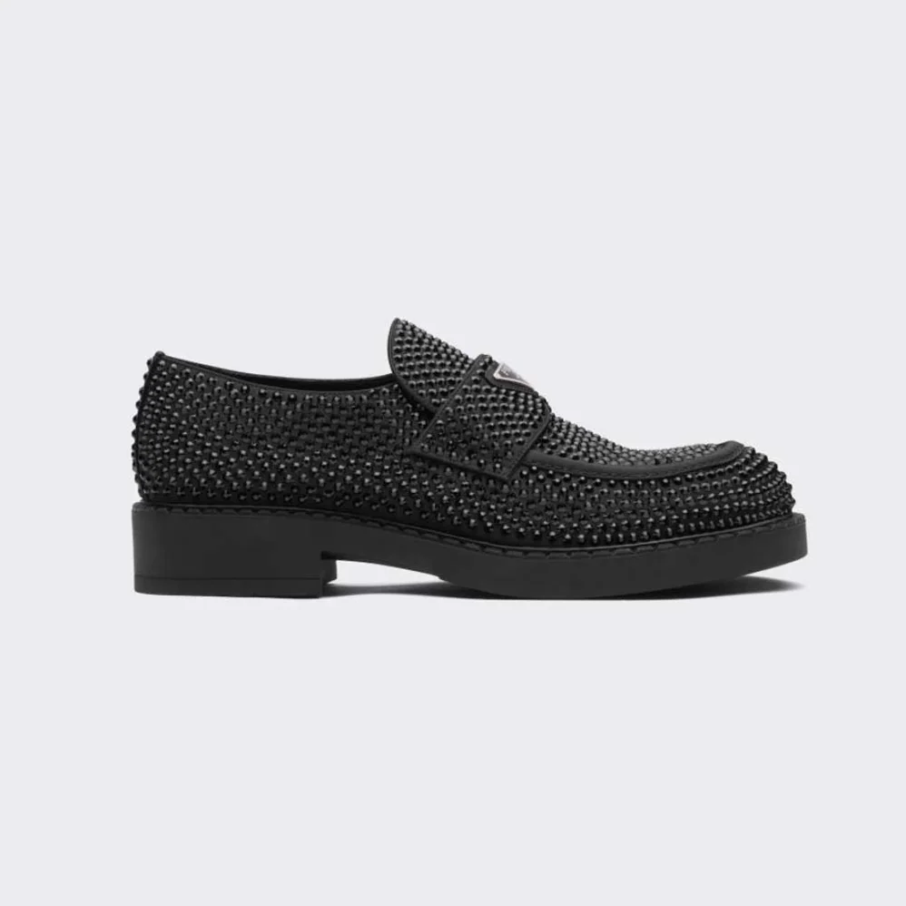 Prada Chocolate Satin Loafers with Crystals for Women in Black Prada Chocolate Satin Loafers with Crystals for Women in Black