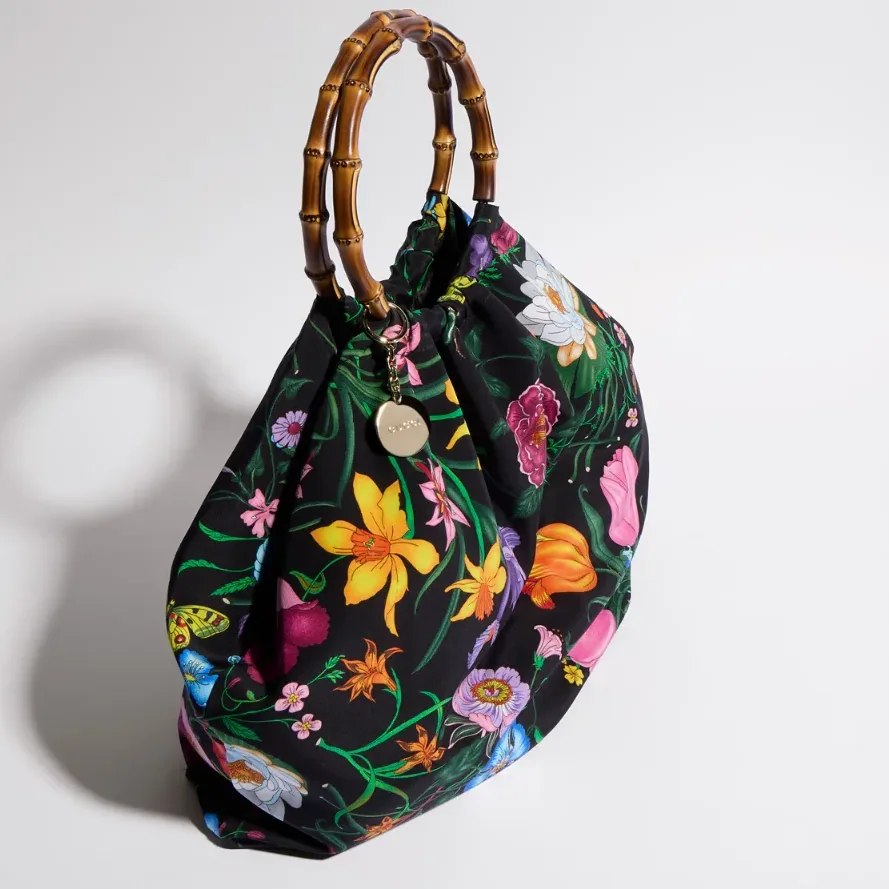 Gucci Silk Maxi With Bamboo Handle Tote Bag in Black/ Multicolor Gold Hardware
