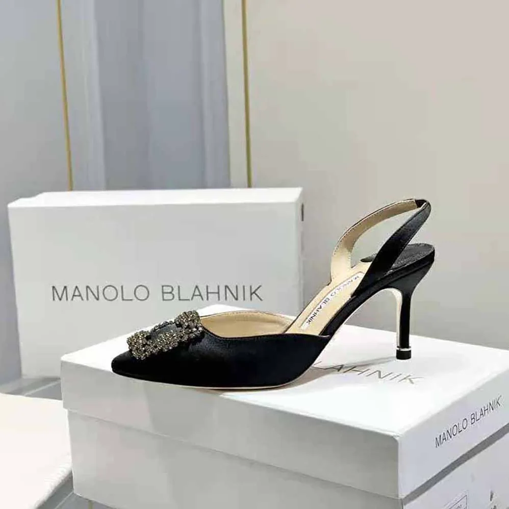 Manolo Blahnik Black Satin Jewel Buckle Slingback Pumps for Women Manolo Blahnik Black Satin Jewel Buckle Slingback Pumps for Women
