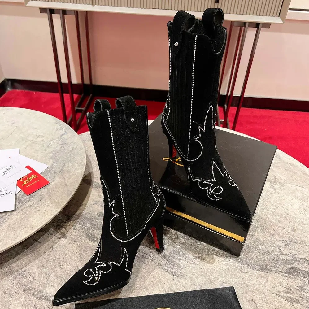 Christian Louboutin Santigag Strass 85 mm Low Boots Veau Velours and Strass for Women in Black Christian Louboutin Santigag Strass 85 mm Low Boots Veau Velours and Strass for Women in Black