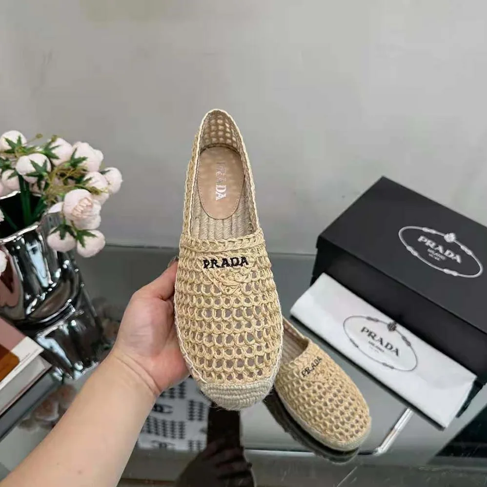 Prada Crochet Espadrilles with Embroidered Logo for Women in Beige