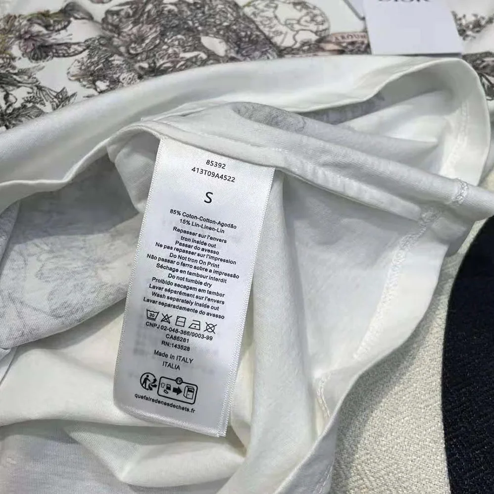 Dior T-Shirt White Cotton and Linen Jersey with Pastel Pink Butterfly Around The World Motif for Women