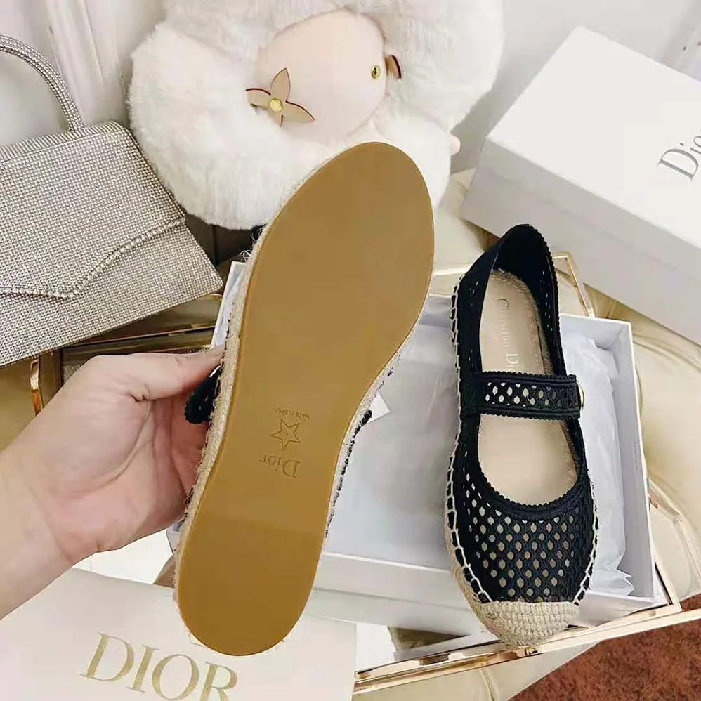 Dior Dior Caro Espadrille Ballerina Flat Black Mesh Embroidery for Women Dior Dior Caro Espadrille Ballerina Flat Black Mesh Embroidery for Women
