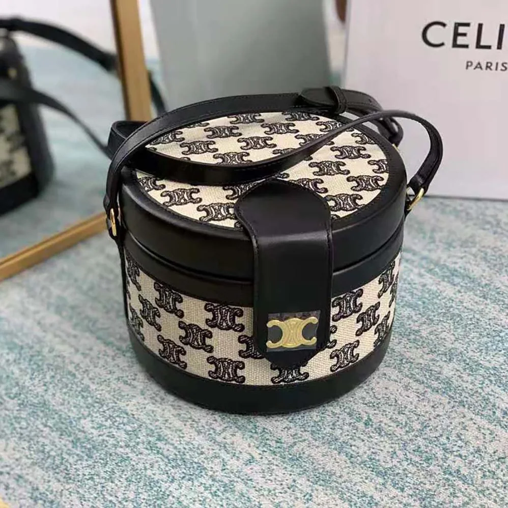 Celine Medium Tambour Bag in Textile with Triomphe Embroidery for Women