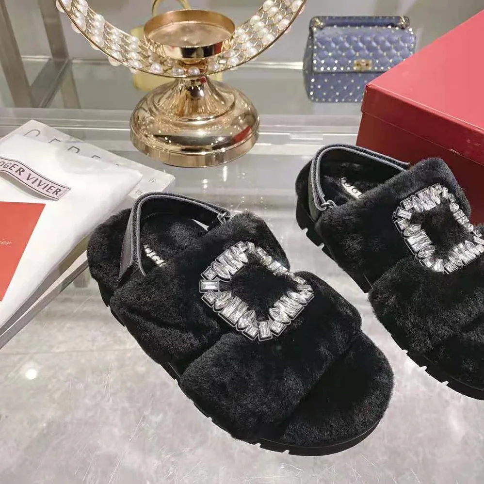 Roger Vivier Viv' Winter Fur Strass Buckle Sandals in Sheepskin for Women in Black Roger Vivier Viv' Winter Fur Strass Buckle Sandals in Sheepskin for Women in Black