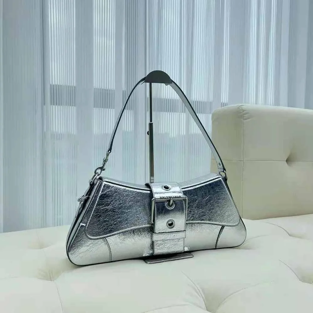 Balenciaga Lindsay Small Shoulder Bag with Strap Pleated Mirror Effect for Women in Silver Balenciaga Lindsay Small Shoulder Bag with Strap Pleated Mirror Effect for Women in Silver