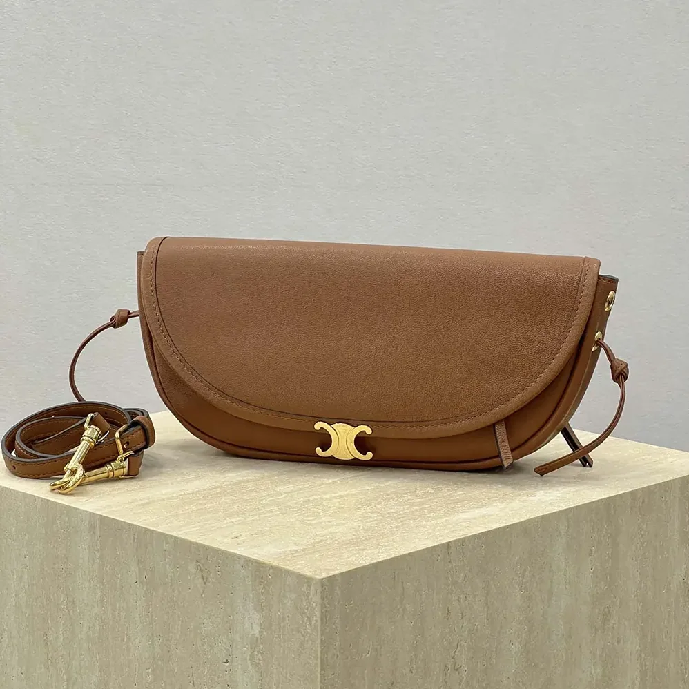 Celine Little Halfmoon Soft Triomphe in Supple Shiny Lambskin for Women in Brown Celine Little Halfmoon Soft Triomphe in Supple Shiny Lambskin for Women in Brown