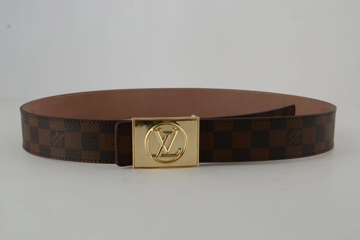 Brown Damier Gold Buckle Leather Belt