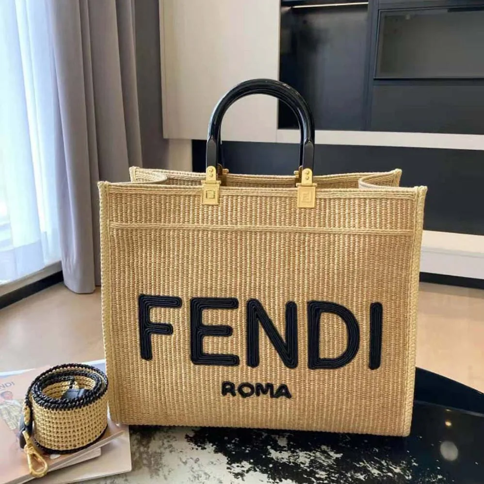 Fendi Sunshine Medium Embroidered Straw Shopper for Women