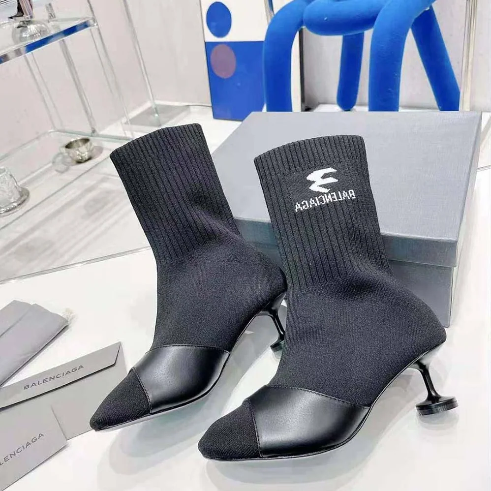 Balenciaga Sock 50mm Bootie in Black Smooth Calfskin and Black Recycled Knit for Women Balenciaga Sock 50mm Bootie in Black Smooth Calfskin and Black Recycled Knit for Women