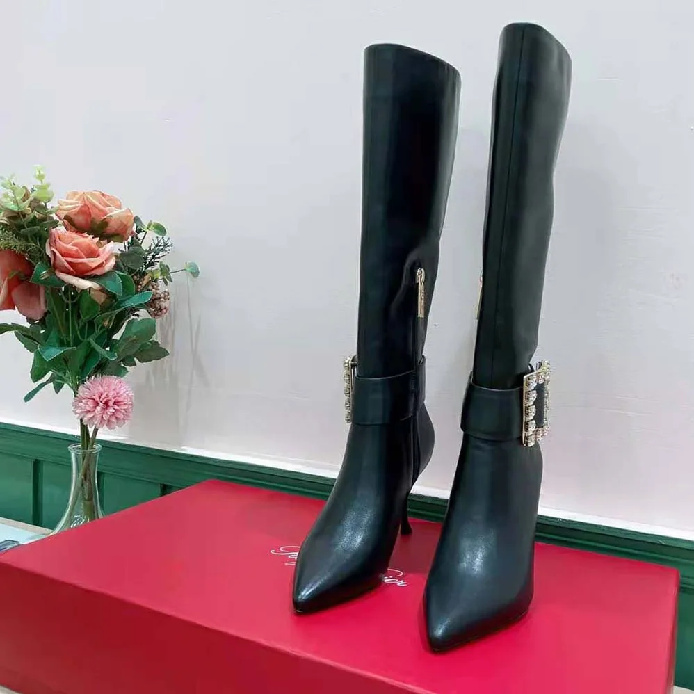 Roger Vivier Pointy Strass Buckle Boots in Leather for Women