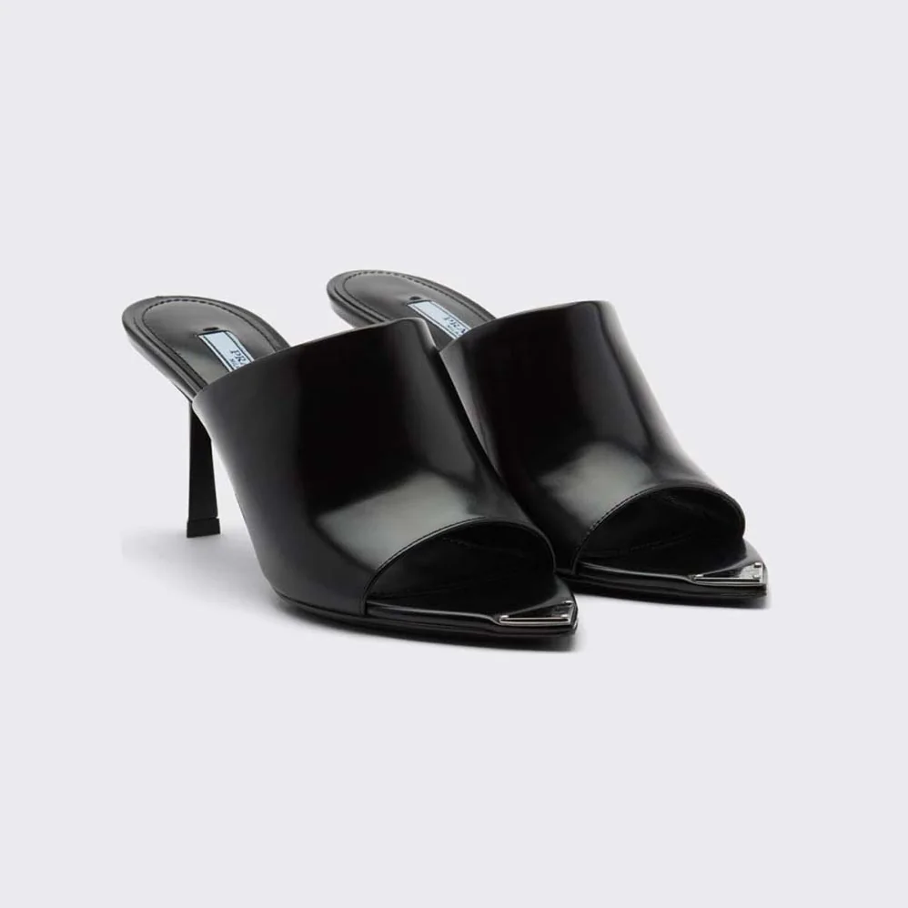 Prada Brushed Leather High-Heel Slides in 75mm Heel Height for Women