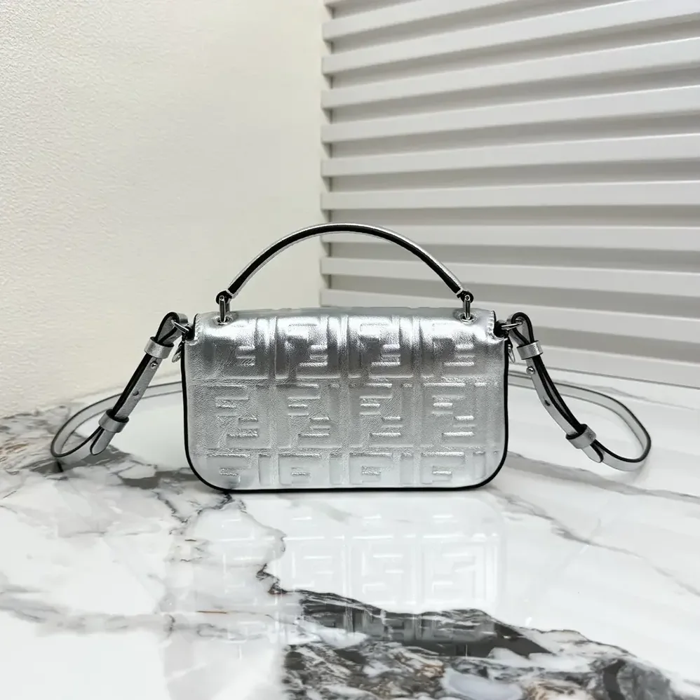 Fendi Baguette Phone Pouch Craquelé Silver Leather Pouch for Women