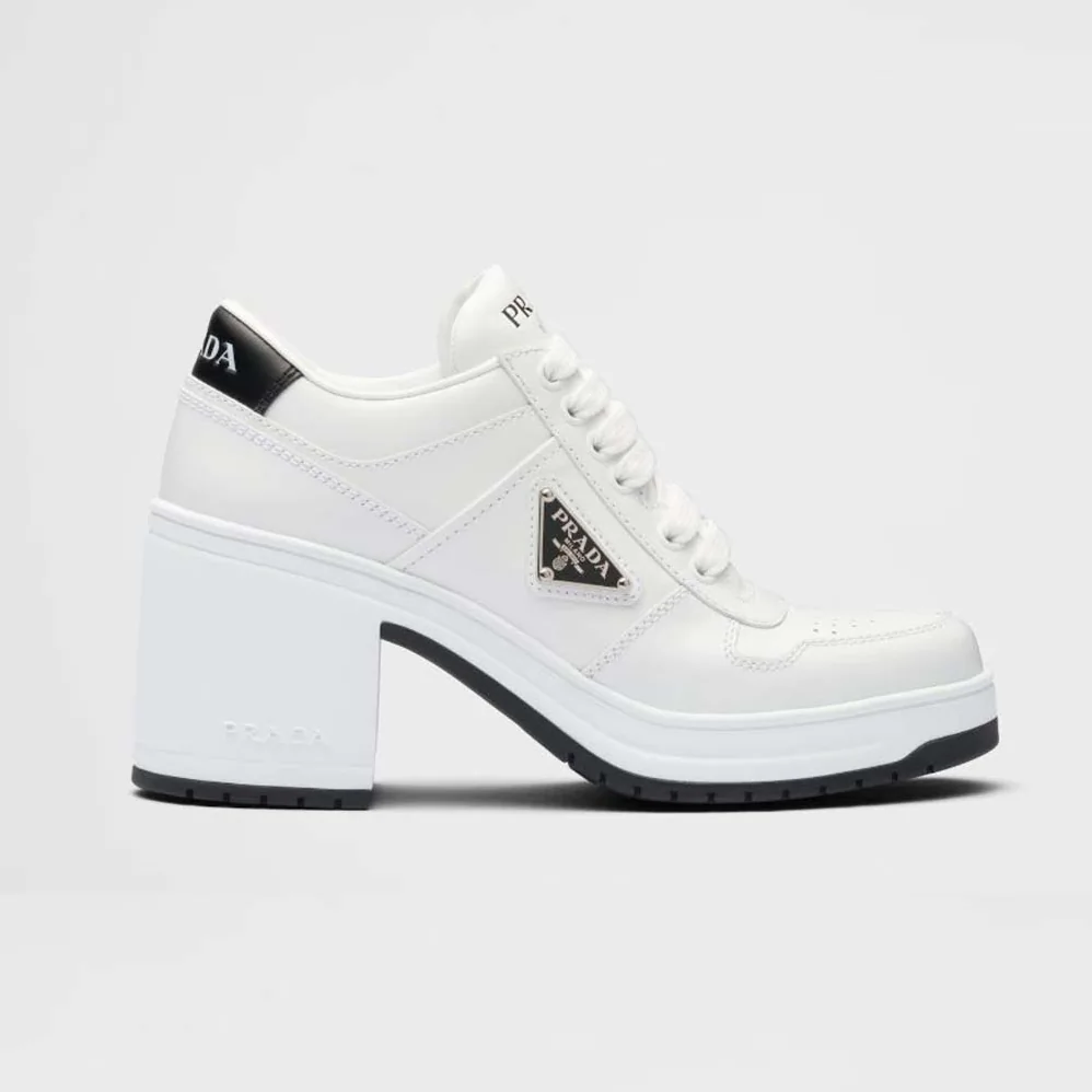Prada Downtown High-Heeled Leather Sneakers for Women in White Prada Downtown High-Heeled Leather Sneakers for Women in White