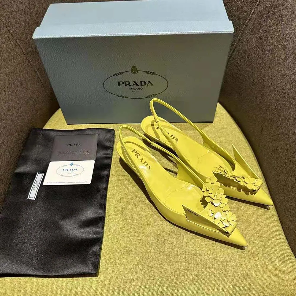 Prada Brushed Leather Slingback Pumps with Floral Appliques for Women in Yellow