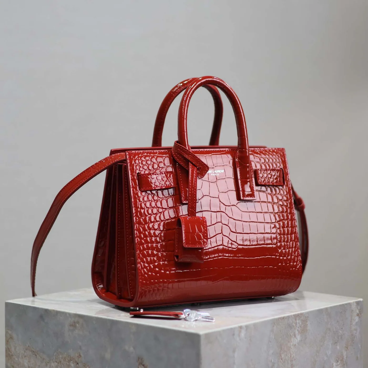 Saint Laurent YSL Sac De Jour in Crocodile Embossed Leather Nano for Women in Red Saint Laurent YSL Sac De Jour in Crocodile Embossed Leather Nano for Women in Red