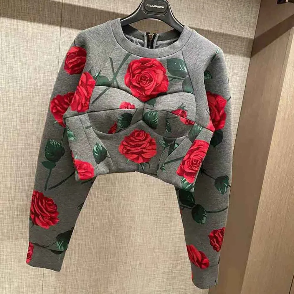 Dolce Gabbana D&G Technical Jersey Sweatshirt with Flocked Rose Print and Bustier Details for Women