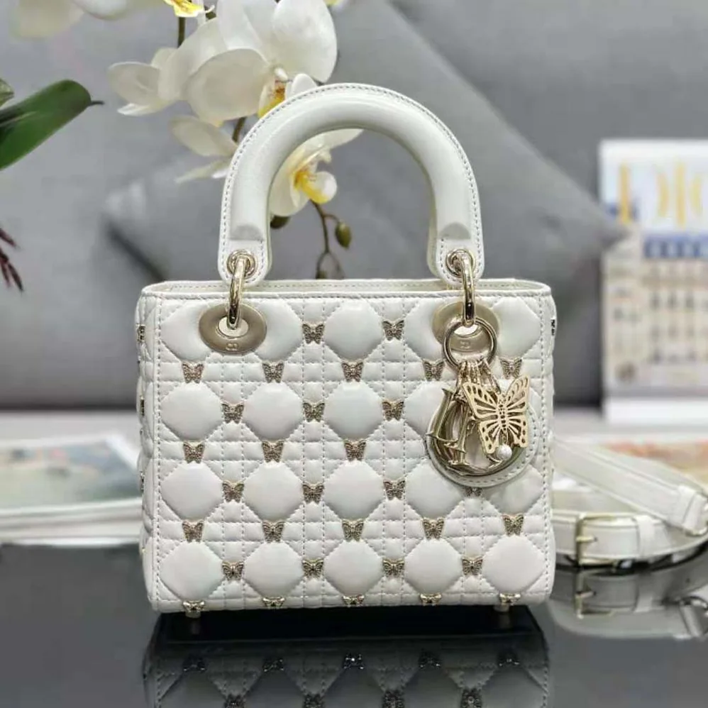 Dior Small Lady Dior Bag White Cannage Lambskin with Gold for Women in Finish Butterfly Studs Dior Small Lady Dior Bag White Cannage Lambskin with Gold for Women in Finish Butterfly Studs