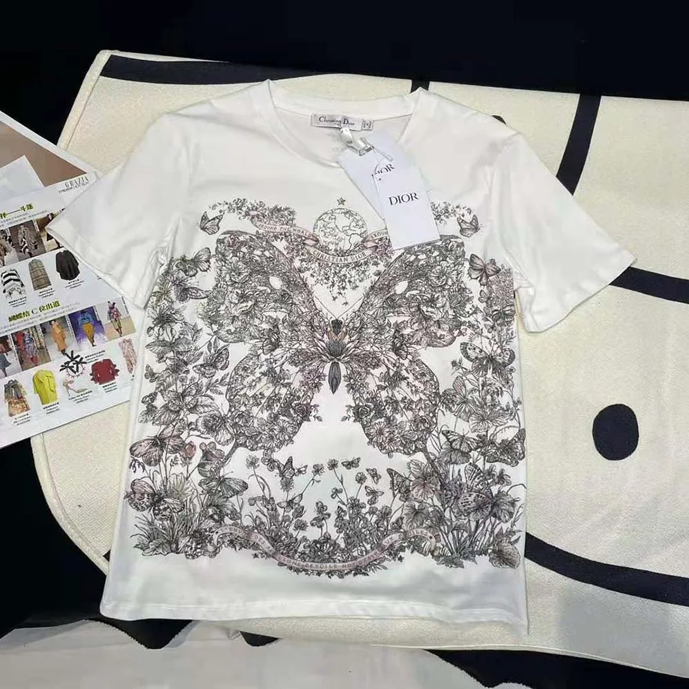 Dior T-Shirt White Cotton and Linen Jersey with Pastel Pink Butterfly Around The World Motif for Women