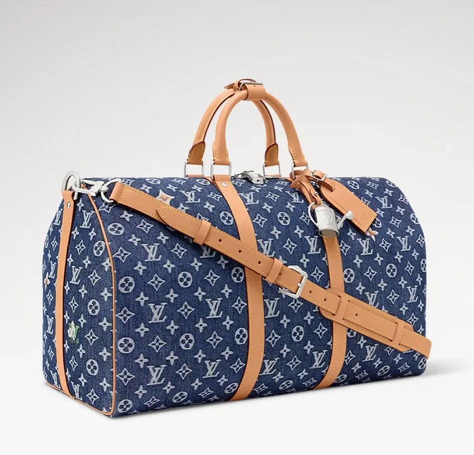 Louis Vuitton Keepall Bandouliere 50 Travel Bag in Blue Denim Silver Hardware