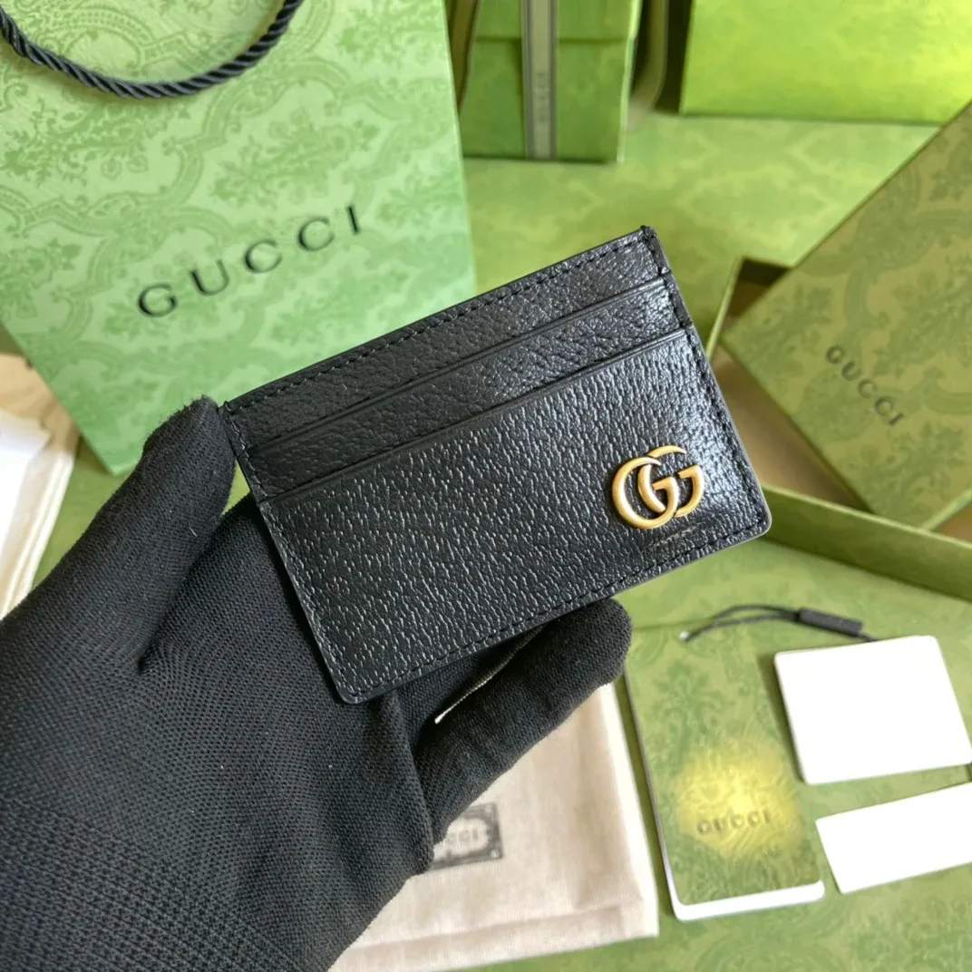 Gucci GG Marmont Card Case Rough Black Gold Toned Hardware /