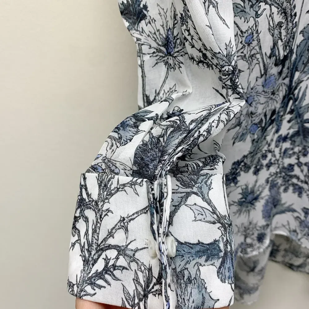 Dior Long Blouse White Cotton Muslin with Blue Dior Chardons Motif for Women