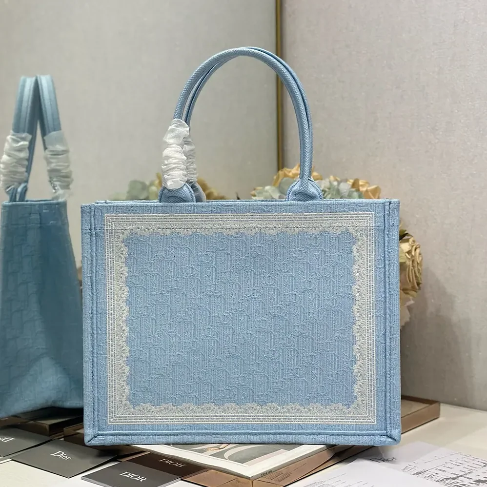 Dior Medium Dior Book Tote with Strap Blue Dior Oblique Embroidery with White Lace and Dior Médaillon for Women Dior Medium Dior Book Tote with Strap Blue Dior Oblique Embroidery with White Lace and Dior Médaillon for Women