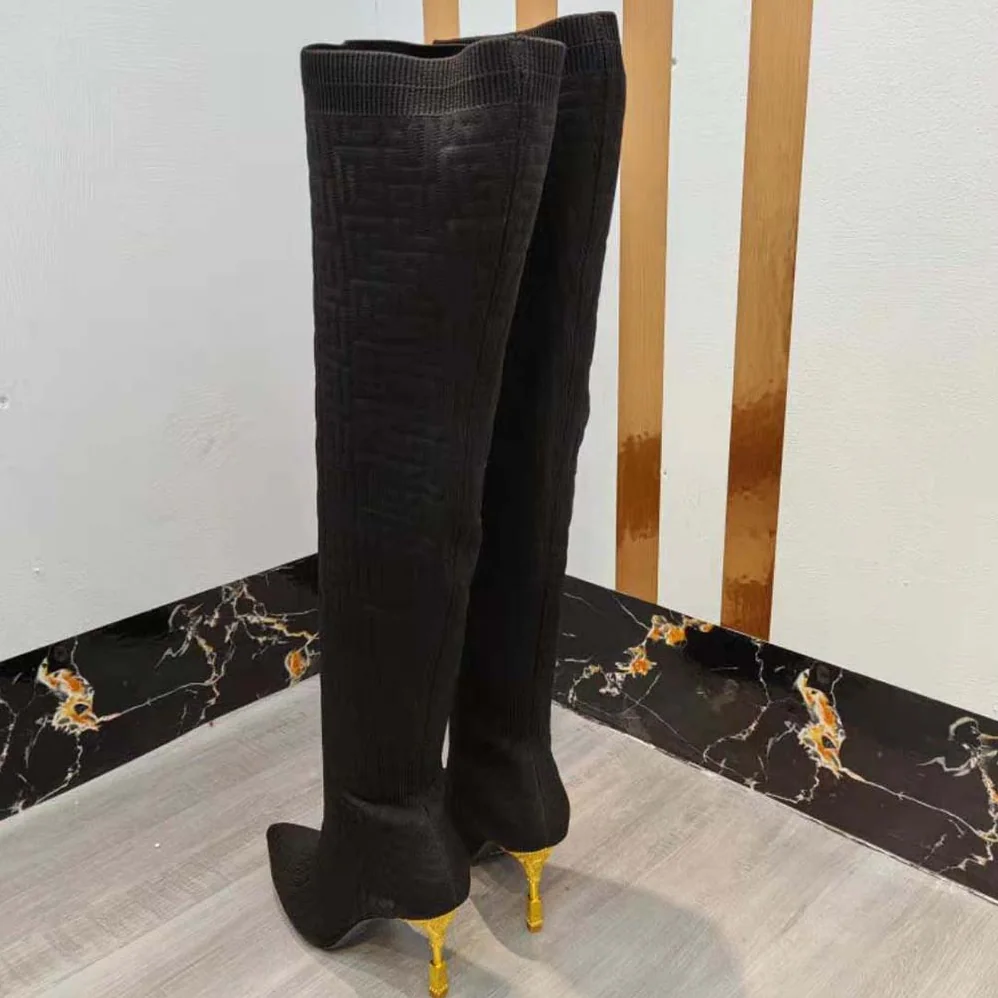Balmain Moneta Mesh Thigh Boots with Monogram for Women in Black Balmain Moneta Mesh Thigh Boots with Monogram for Women in Black
