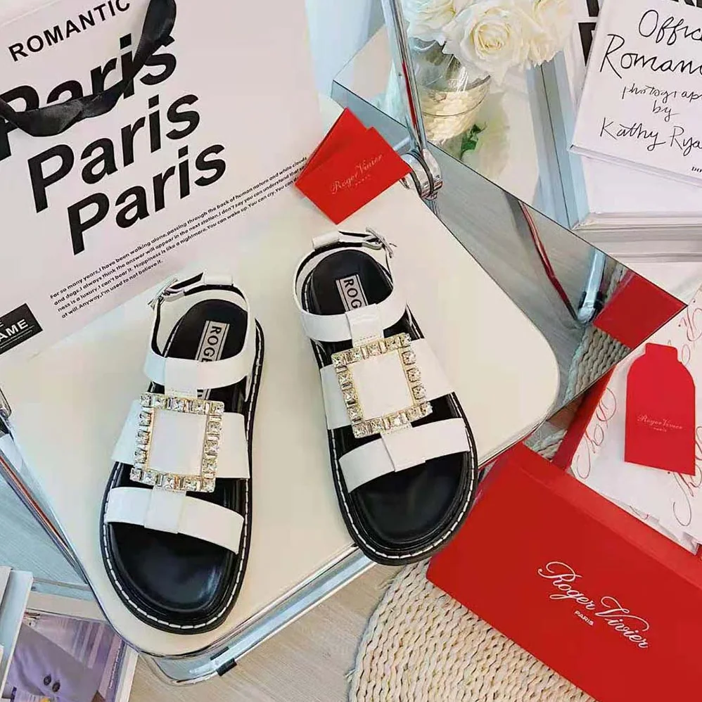 Roger Vivier Viv' Rangers Strass Buckle Sandals in Leather for Women in White