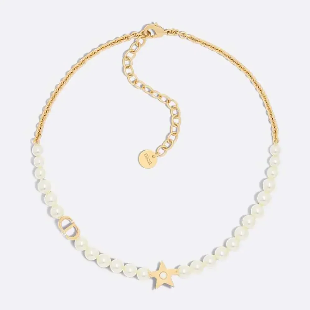 Dior Lucky Dior Necklace Gold-Finish Metal and White Resin Pearls for Women Dior Lucky Dior Necklace Gold-Finish Metal and White Resin Pearls for Women