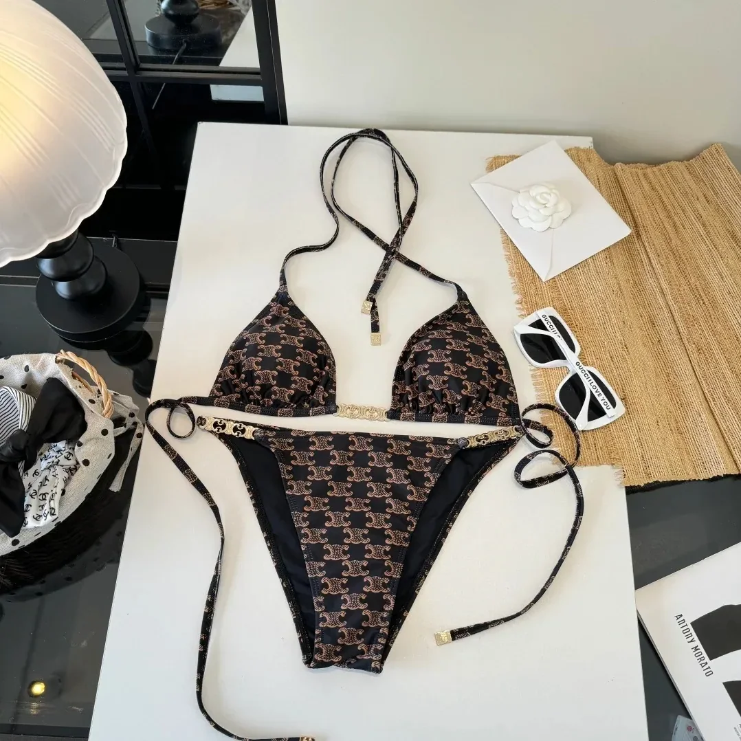 Celine Triomphe Monogram Triangle Bikini Black in Gold Celine Triomphe Monogram Triangle Bikini Black in Gold