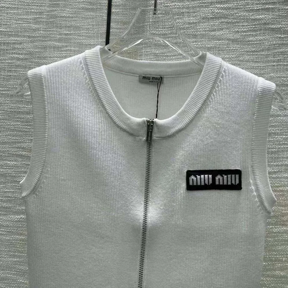 Miu Miu Viscose Knit Top with Knit Logo Patch for Women