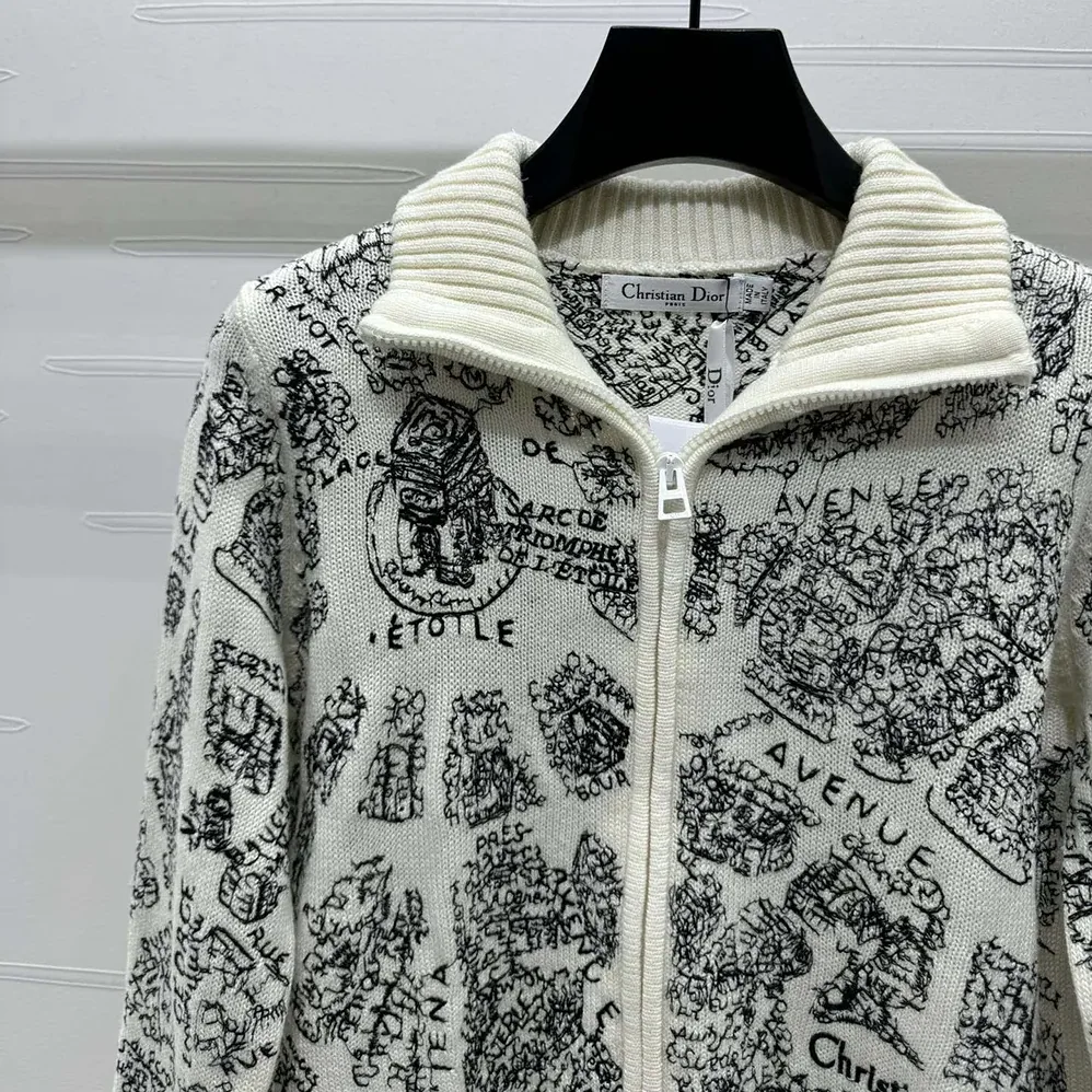 Dior DiorAlps Mock-Neck Cardigan White and Black Wool and Cashmere Knit for Women