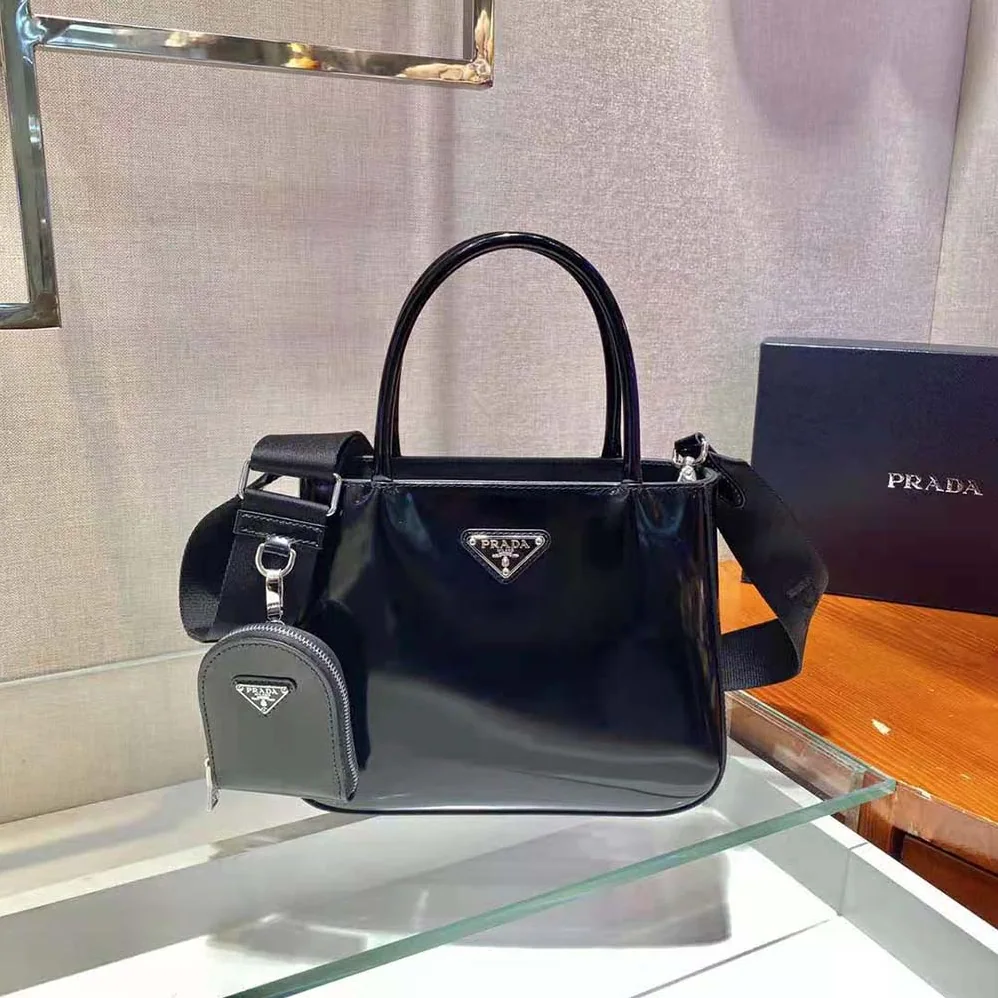 Prada Brushed Leather Handbag Nylon Lining for Women in Black