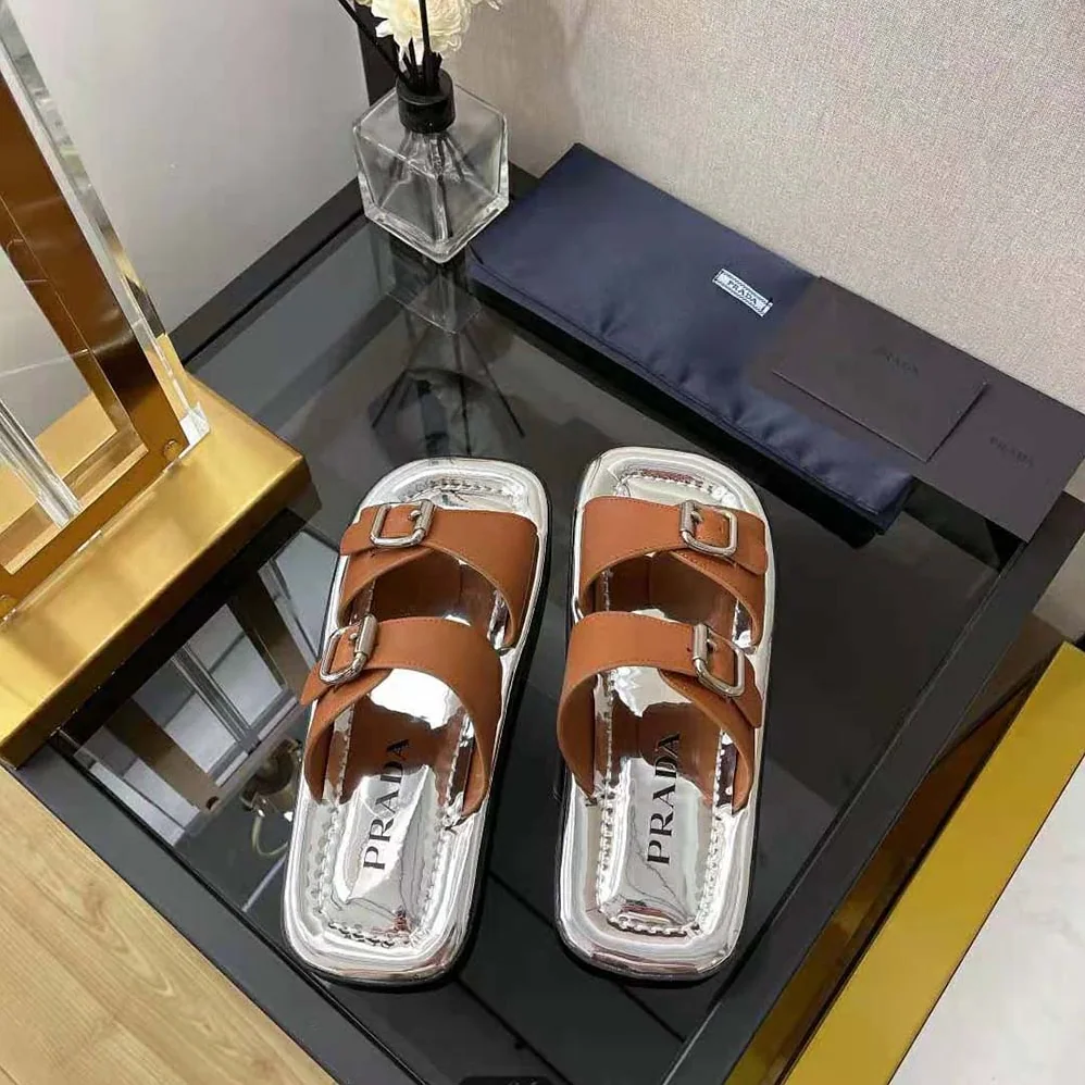 Prada Leather Sandals With Metal Buckle on the Upper for Women in Brown