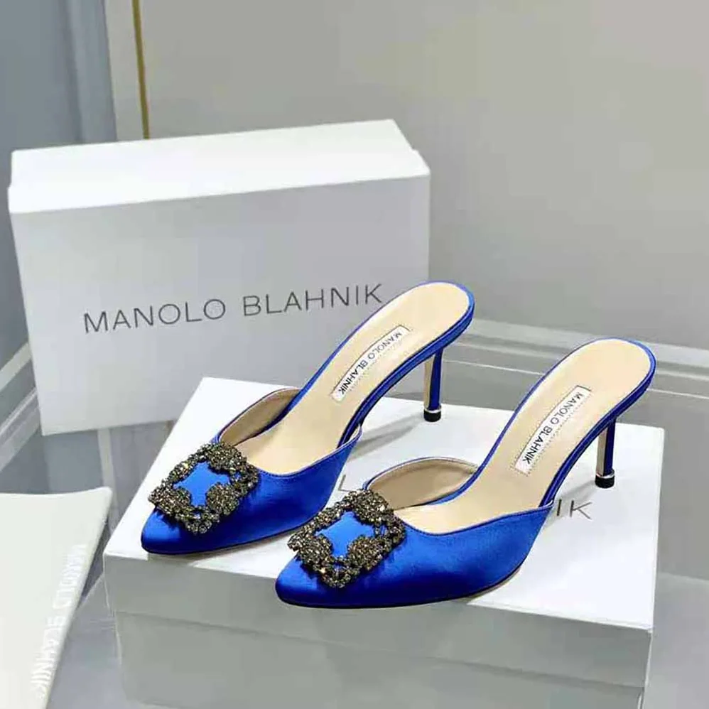Manolo Blahnik Blue Satin Jewel Buckle Mules for Women Manolo Blahnik Blue Satin Jewel Buckle Mules for Women