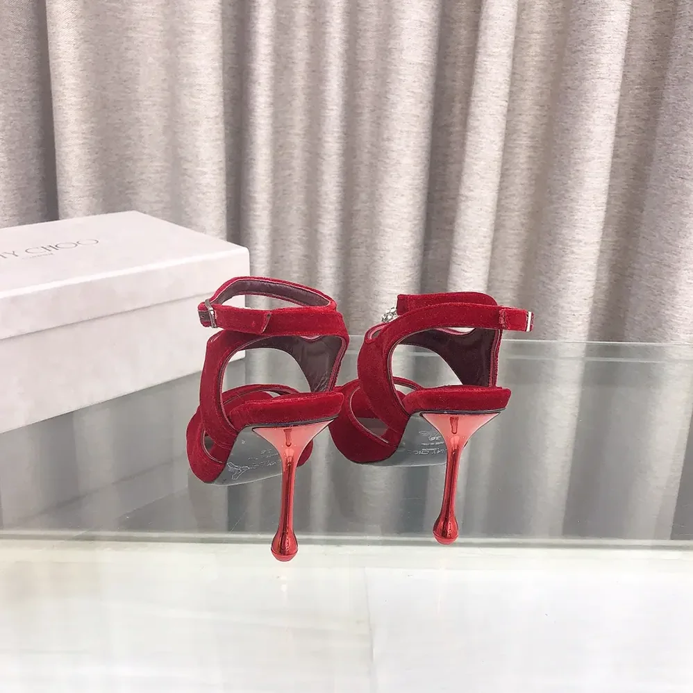 Jimmy Choo Orb 95 Ruby Red Velvet Sandals for Women