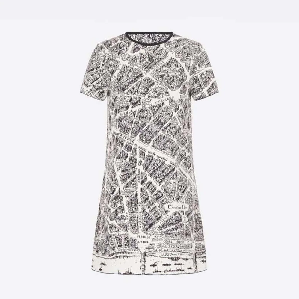 Dior Short Dress White and Black Technical Mesh with Plan De Paris Motif for Women