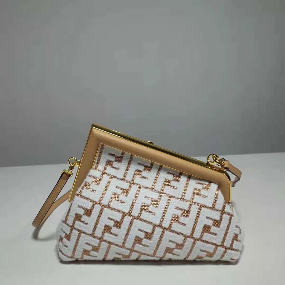 Fendi First Small Raffia Bag with White Tapestry Fabric FF Motif for Women Fendi First Small Raffia Bag with White Tapestry Fabric FF Motif for Women