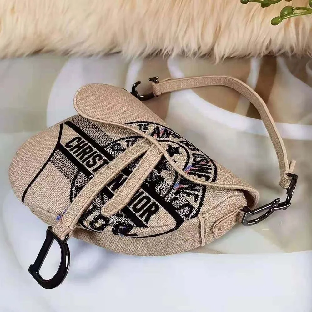 Dior Saddle Bag Beige Jute Canvas Embroidered with Dior Union Motif for Women