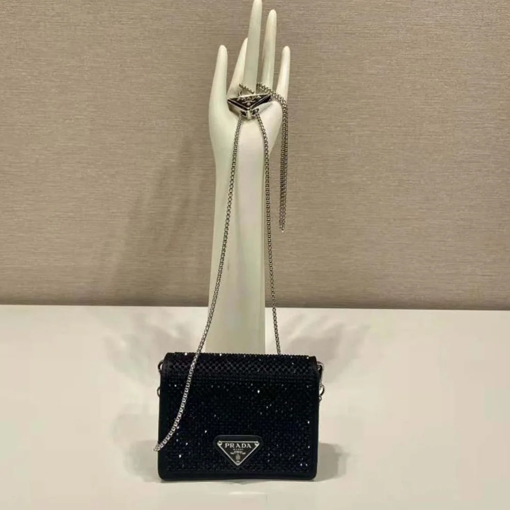 Prada Cardholder with Shoulder Strap and Crystals for Women in Black Prada Cardholder with Shoulder Strap and Crystals for Women in Black