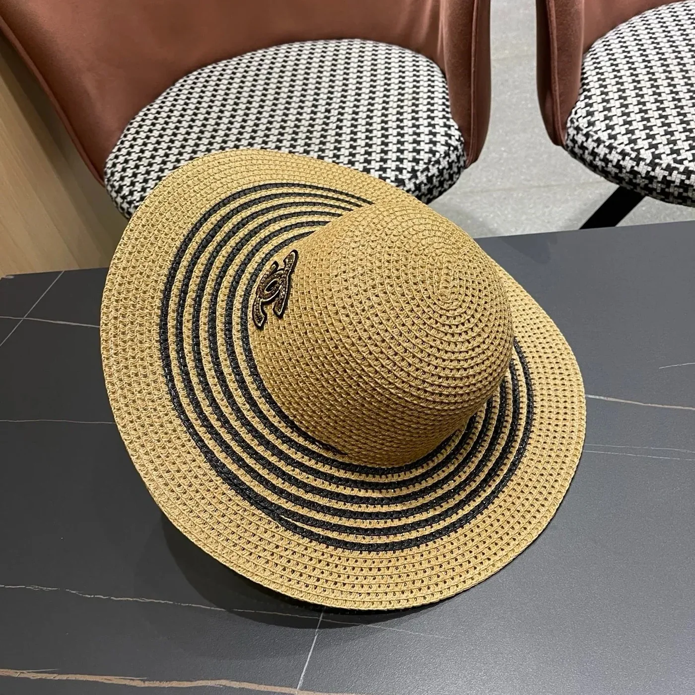 Chanel Monochrome Striped Sun Hat Dark Beige Straw Chanel Monochrome Striped Sun Hat Dark Beige Straw