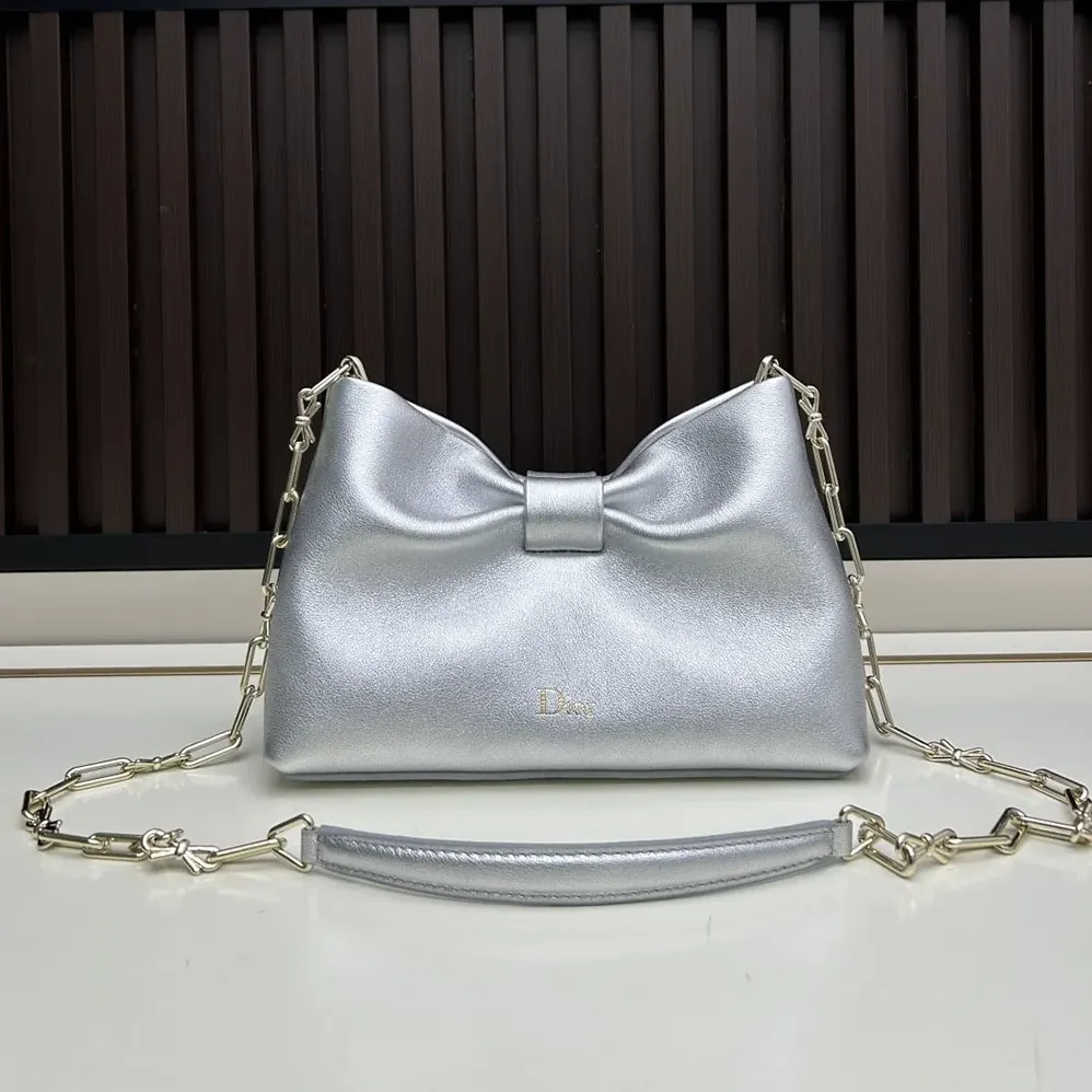 Dior Or Small Dior Bow Bag Silver for Women in Tone Laminated Lambskin