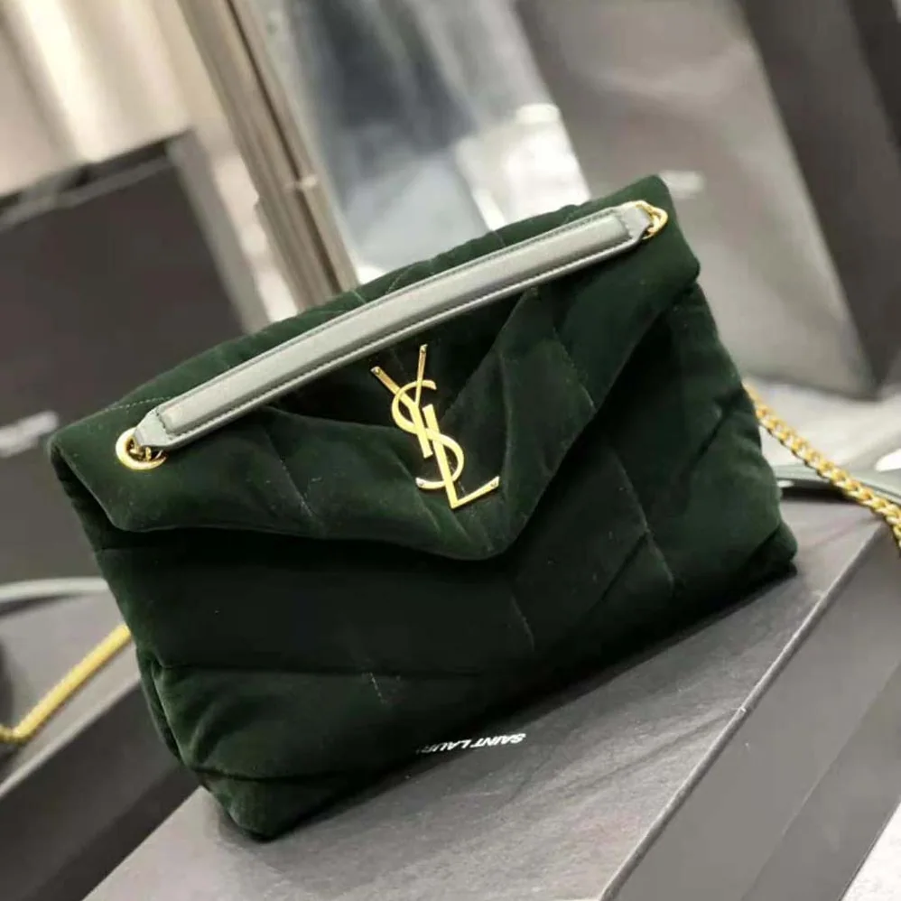 Saint Laurent YSL Puffer Small Bag in Velvet and Lambskin for Women in Green Saint Laurent YSL Puffer Small Bag in Velvet and Lambskin for Women in Green