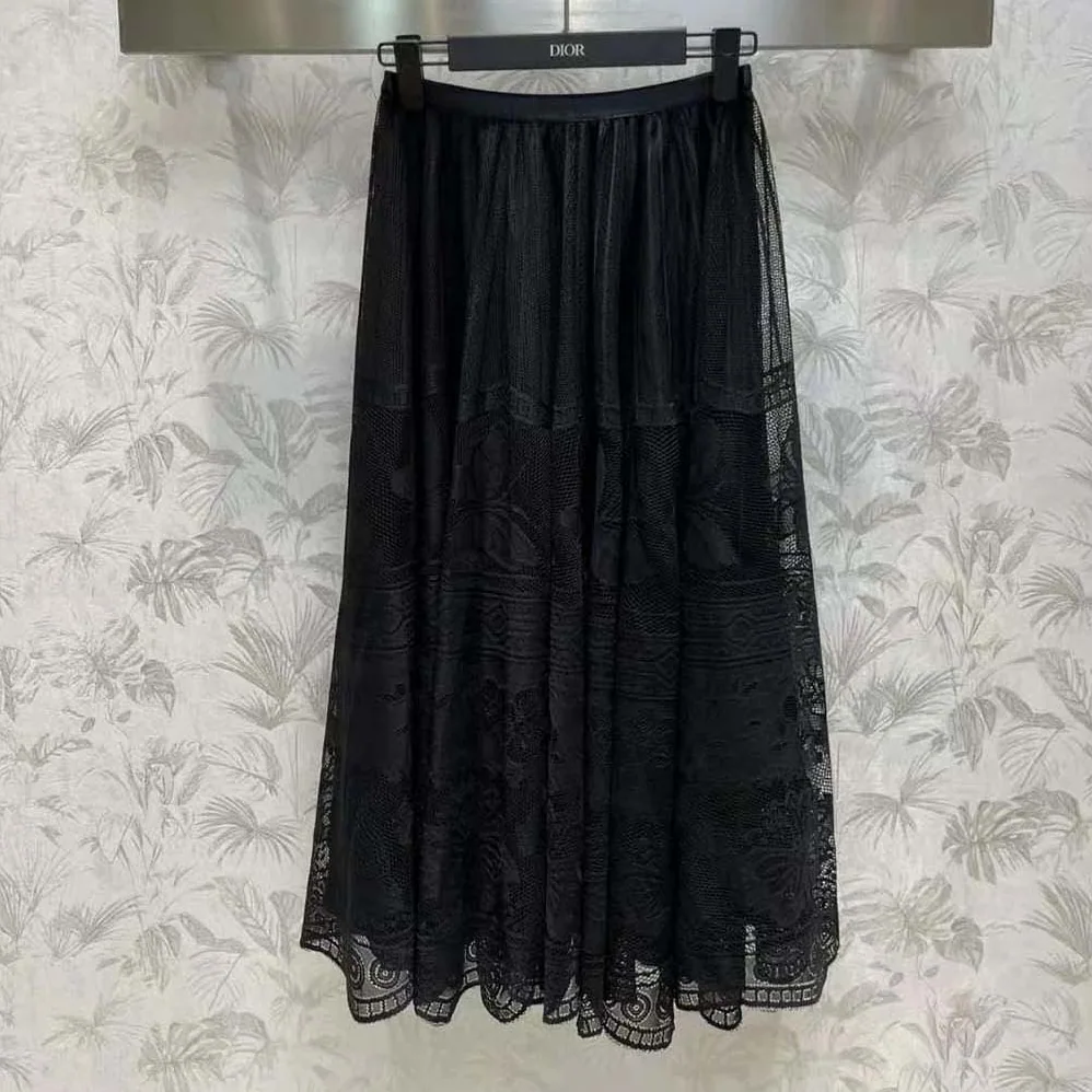 Dior Flared Mid-Length Skirt Black Technical Cotton Lace with D for Women in Lace Butterfly Motif Dior Flared Mid-Length Skirt Black Technical Cotton Lace with D for Women in Lace Butterfly Motif