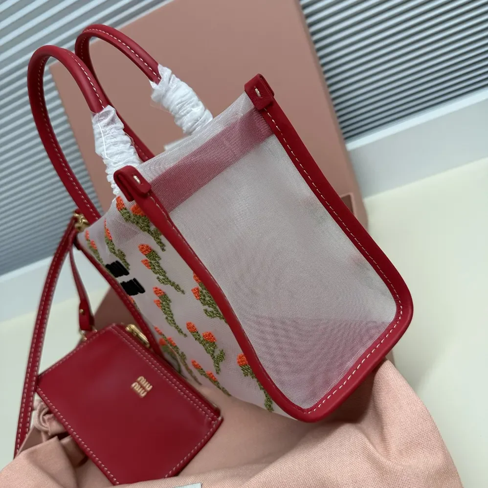 Miu Miu Embroidered Mesh Top-handle Bag for Women in Red Miu Miu Embroidered Mesh Top-handle Bag for Women in Red