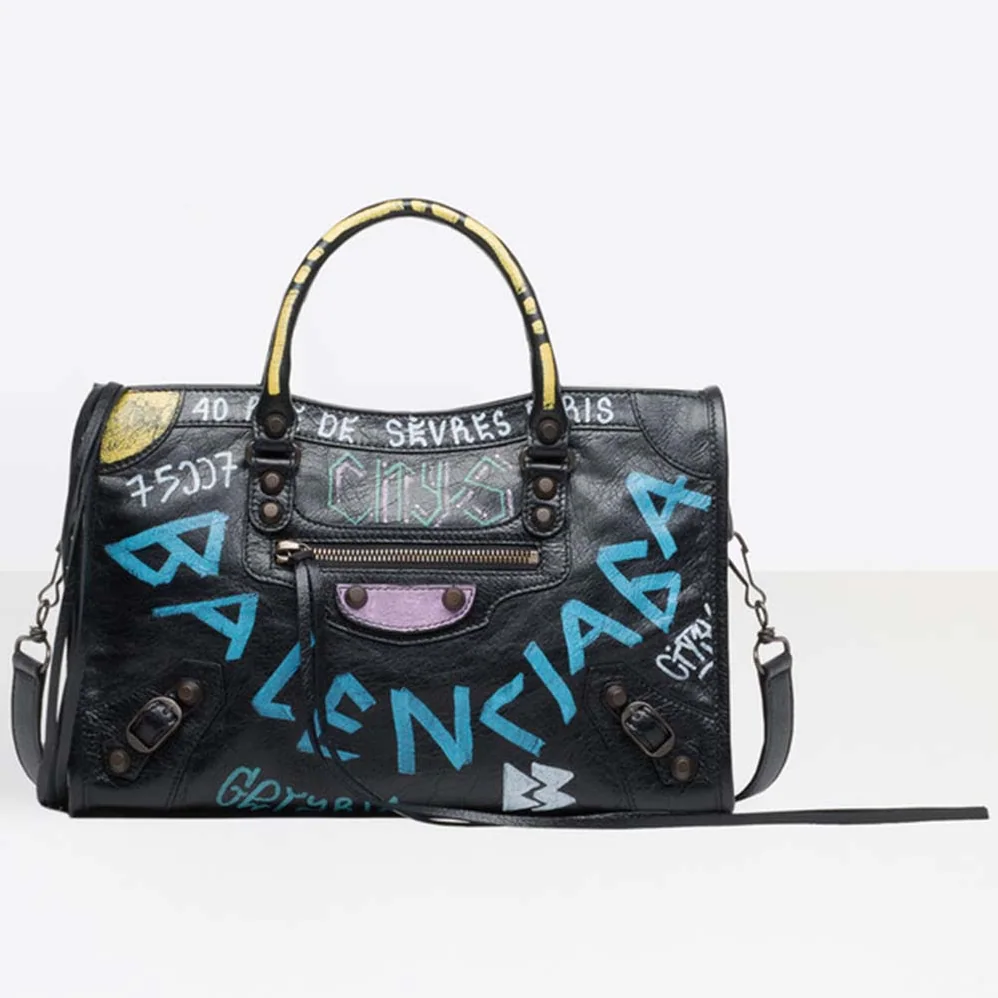 Balenciaga Classic City S Graffiti Small Lambskin Bag for Women in Blue Balenciaga Classic City S Graffiti Small Lambskin Bag for Women in Blue